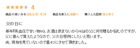 お客様の声：毎年「高血圧で甘いものNG、お酒は飲まないからNG」の父に何を贈るか悩むのですが、父に喜んでもらえたようなので、父の日恒例にしたいと思います。